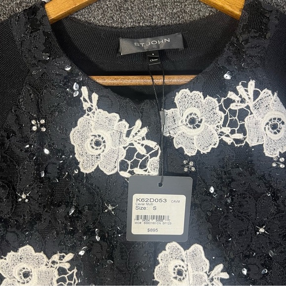 NWT St. John Black and White Lace Embellished One Button Cardigan, Small - Picture 2 of 6